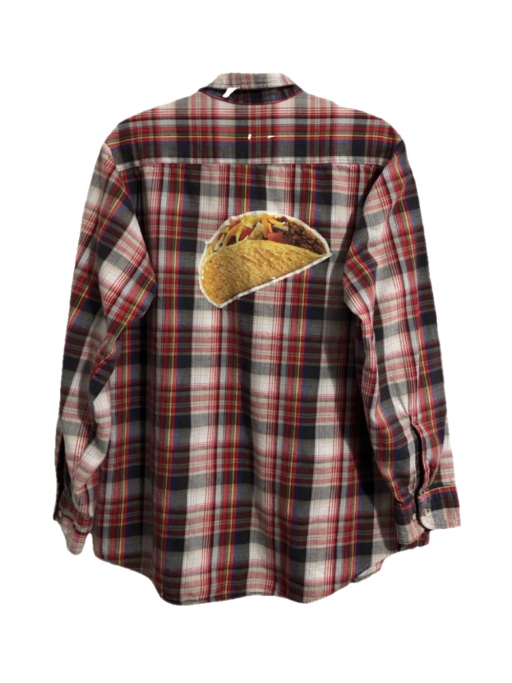 Upcycled “Taco Time” plaid shirt. L
